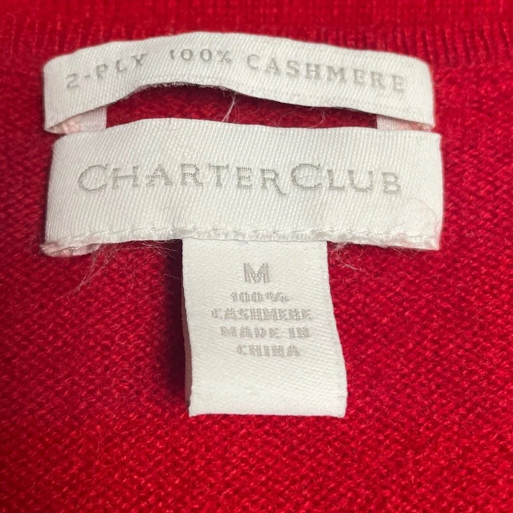 Charter Club Cashmere Red V Neck Argyle Sweater Women's Medium - Picture 2 of 9